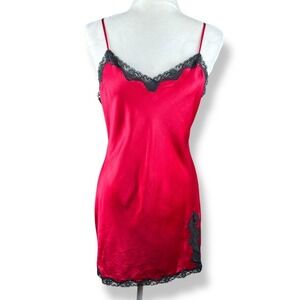 Victorias Secret Red Satin Lace Slip Dress Womens Size Medium Y2K Boudoir Pin Up
